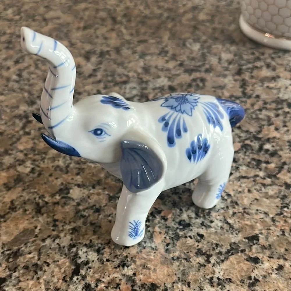 Vintage Bombay Company Porcelain Elephant Cobalt Blue & White Floral Figurine